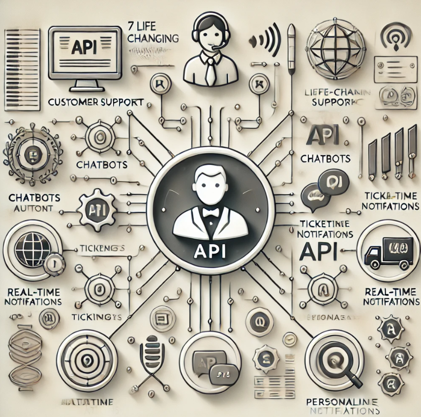 The image illustrates 7 transformative ways API automation enhances customer support, featuring "API" at the center and key elements like chatbots, ticketing systems, and real-time data interconnected with seamless flow lines.