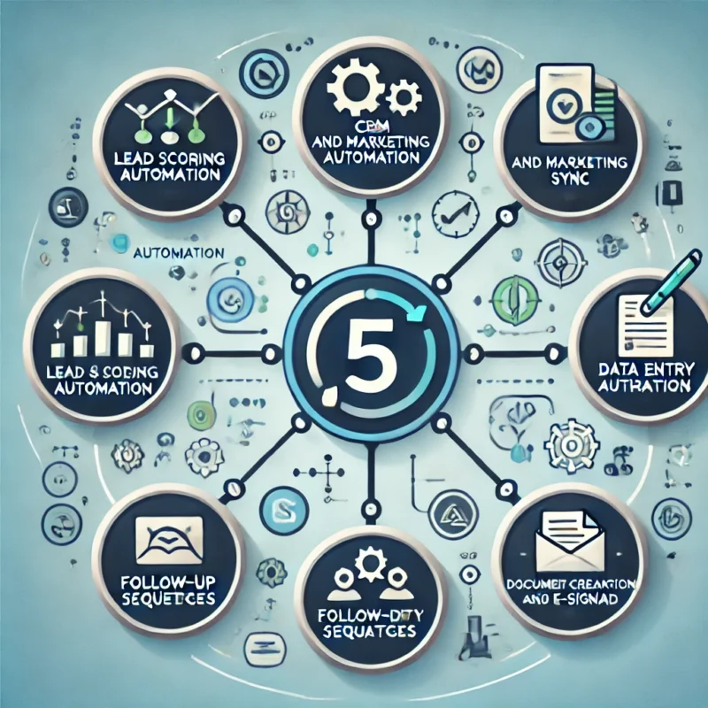 Sales Process Automation including lead scoring, CRM and marketing sync, data entry, follow-up sequences, and document automation.