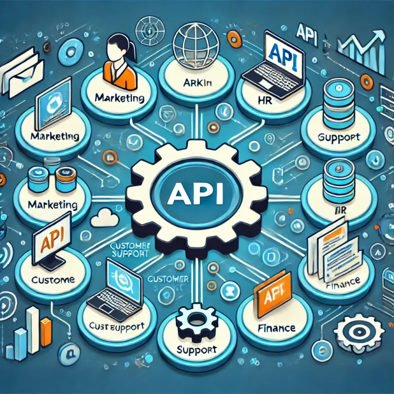workflow automation with different types of workflows connected through an API hub, symbolizing seamless integration and efficiency