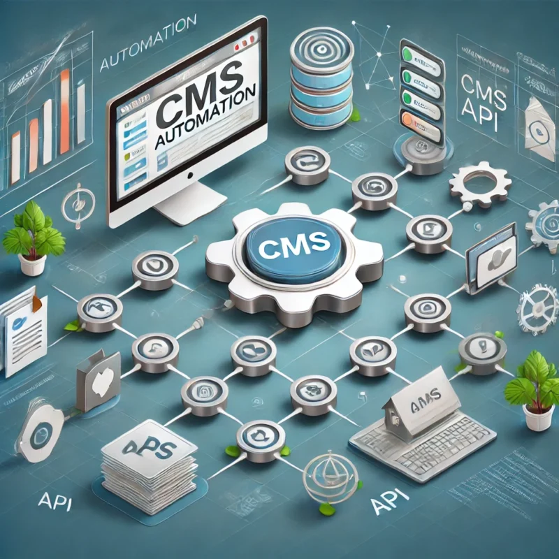 llustration of CMS automation, showing a content management system workflow connected with APIs to enhance efficiency and reduce manual work.