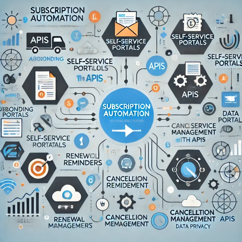 Subscription automation illustration depicting interconnected systems for managing onboarding, billing, self-service portals, renewal reminders, cancellation workflows, data privacy, and analytics. This modern, clean design highlights how API-driven automation streamlines subscription management for improved efficiency and customer experience