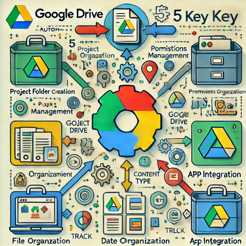 Google Drive automation illustration showing five powerful ways to organize files using Google Drive API integration.