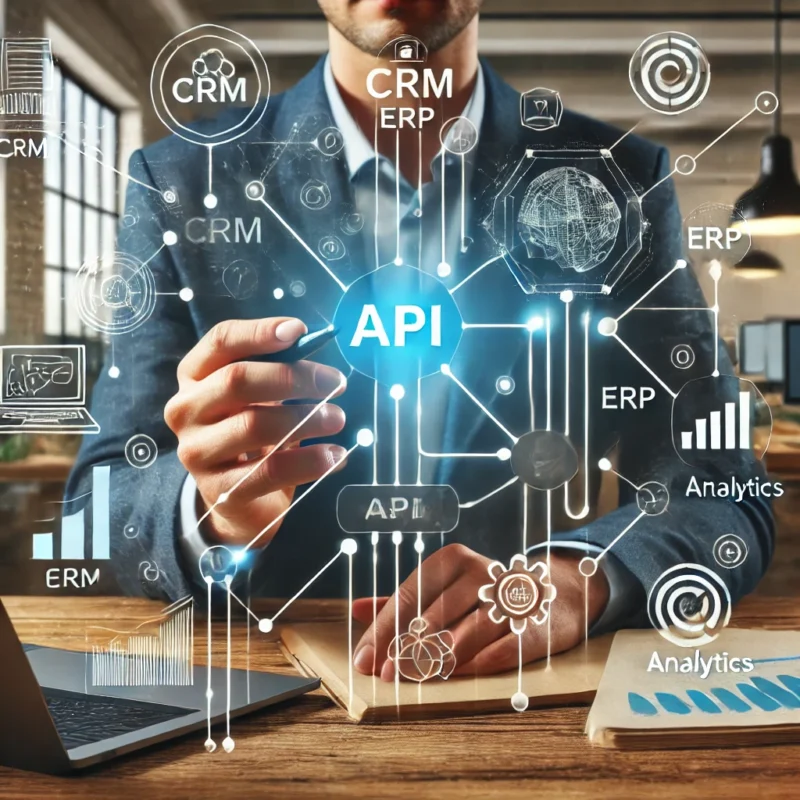 Scaling with APIs: Illustration showcasing interconnected software tools and systems, emphasizing automation, efficiency, and seamless integration for startups.